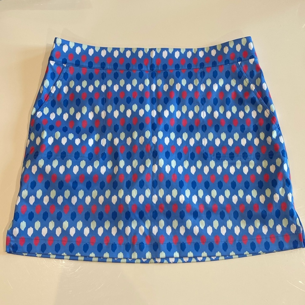 Vineyard Vines Blue Printed A-Line Skirt with Red and White Dot Pattern